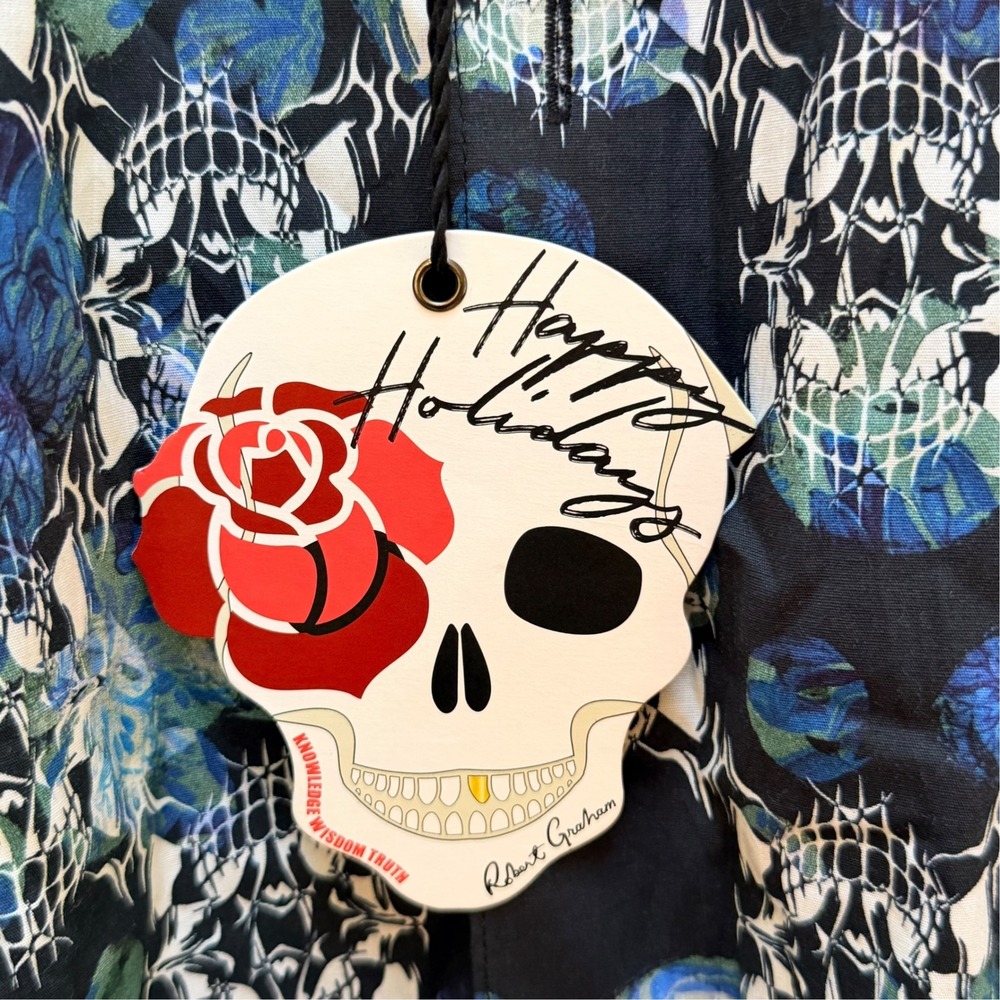 Robert Graham Shirt Mens M Blue Skull Floral Long Sleeve Gothic Party Halloween - Picture 4 of 8
